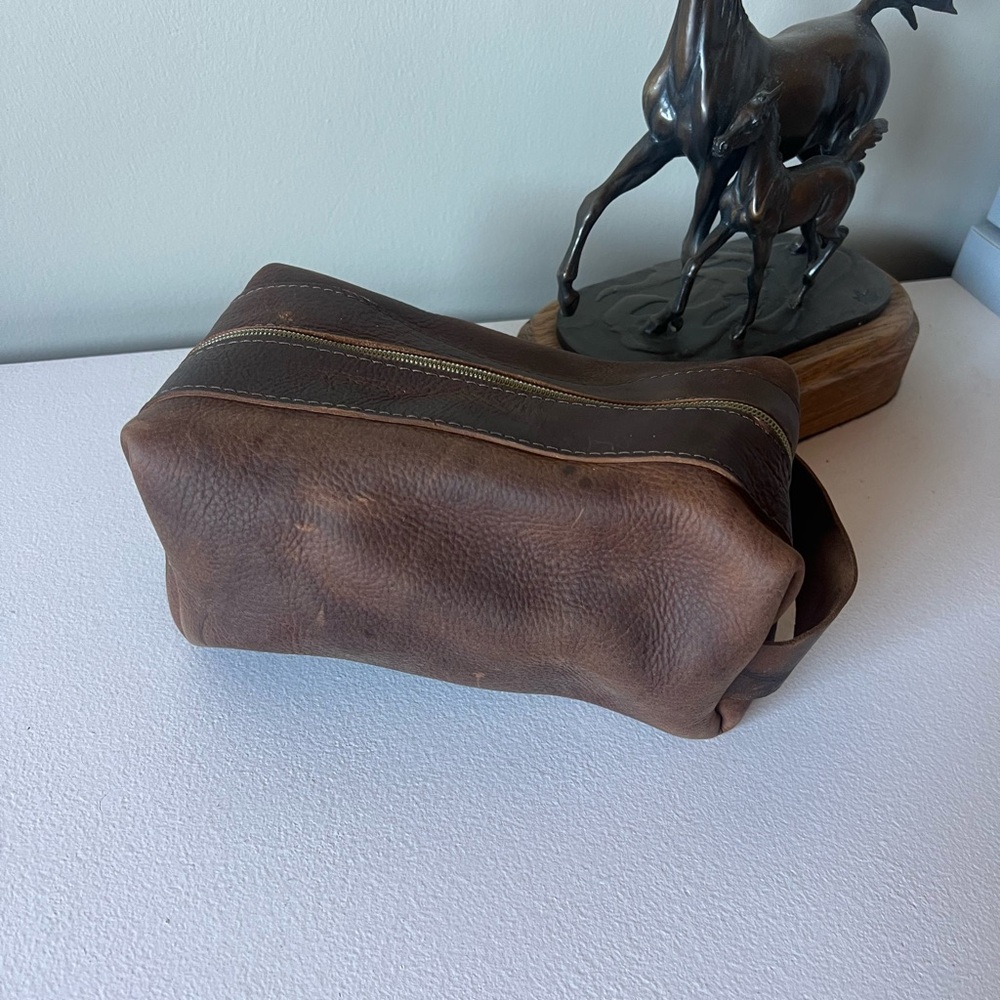 Brown Toiletry Bag with Leather Material and Zipper Closure